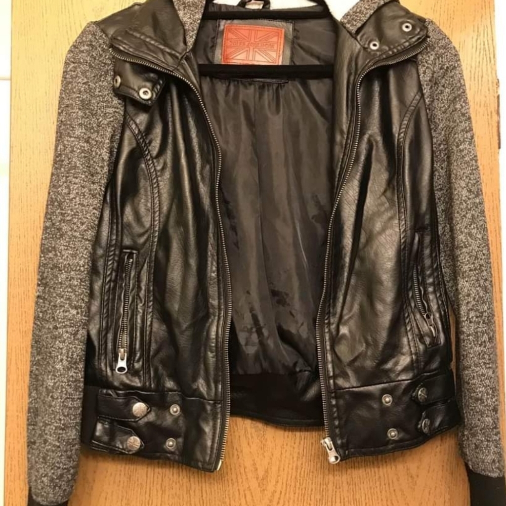 Faux leather jacket with cotton sleeve and hood